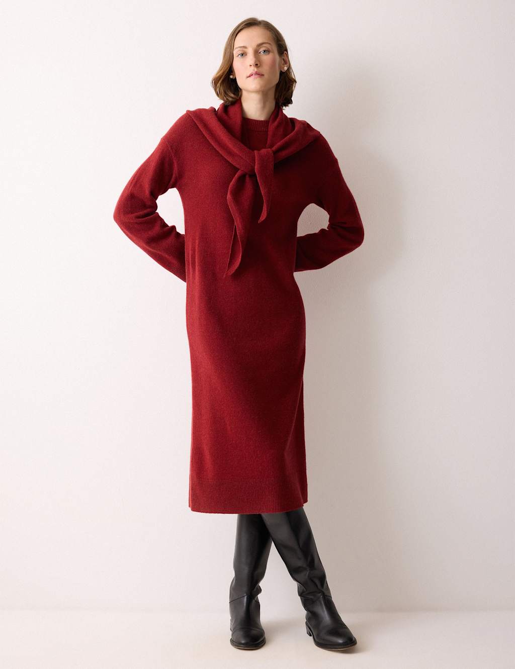 Jigsaw Pure Wool Knitted Scarf Neck Midi Dress Red