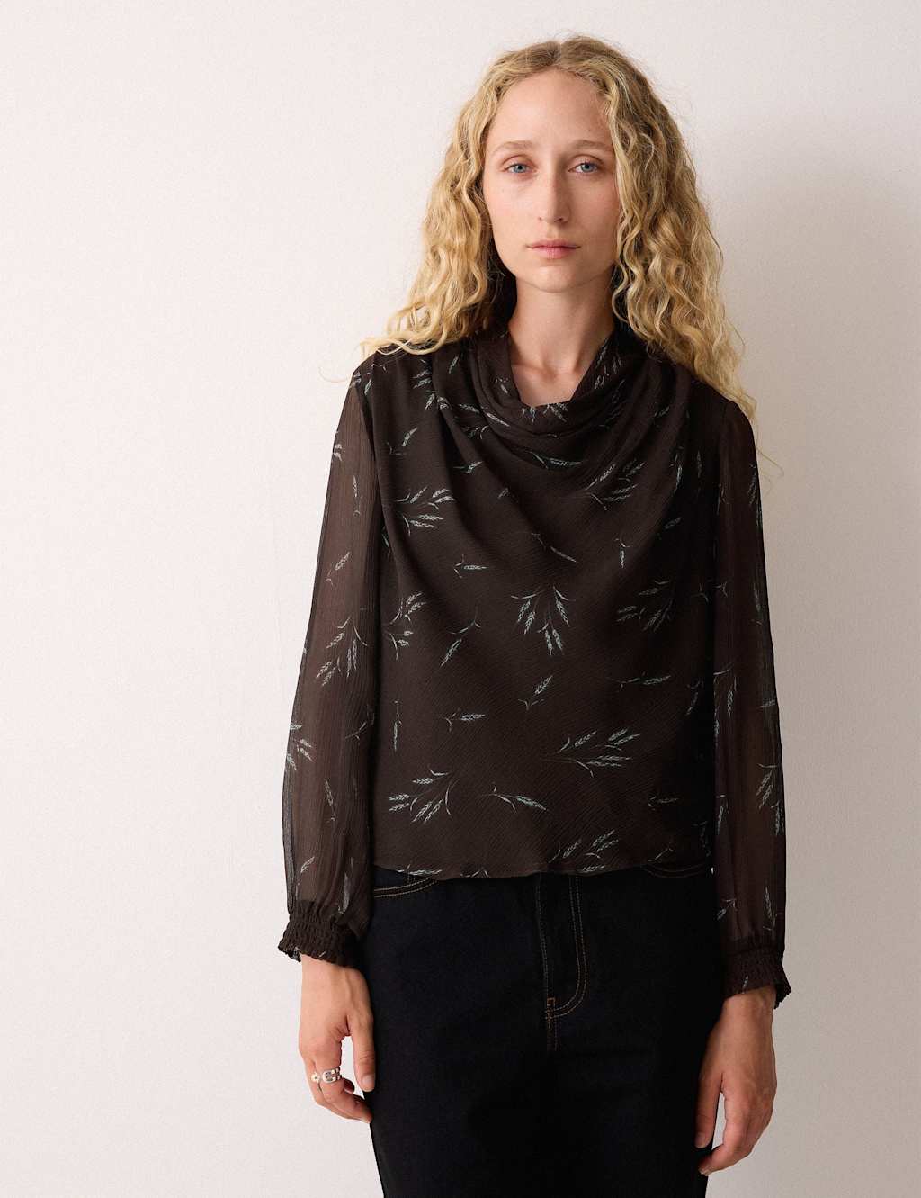 Jigsaw Floral Textured Cowl Neck Popover Blouse Brown