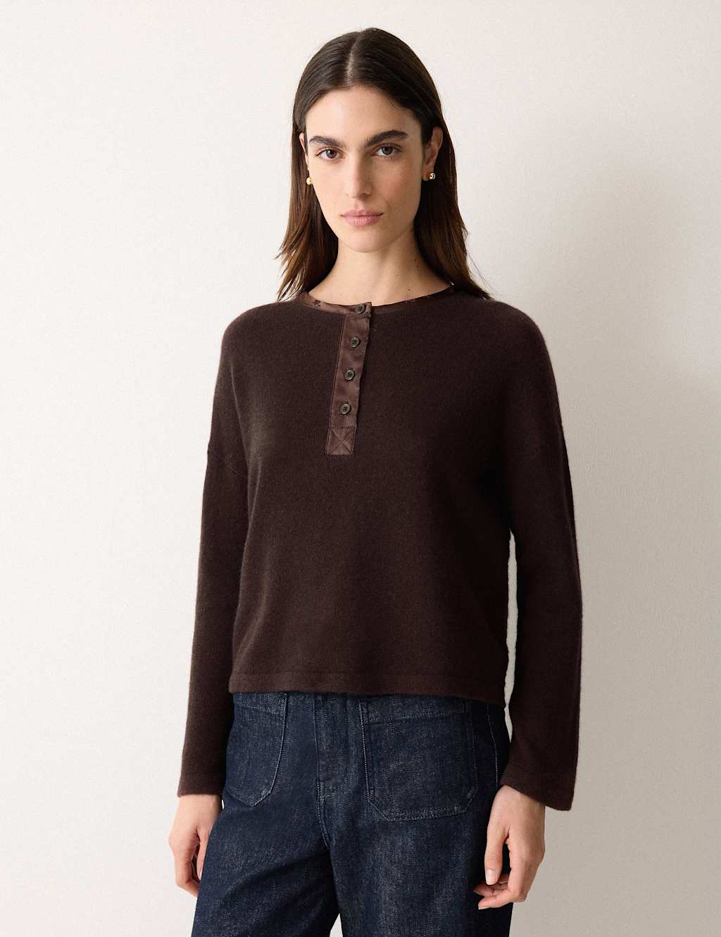 Jigsaw Wool Rich Henley Neck Satin Trim Knitted Top Brown