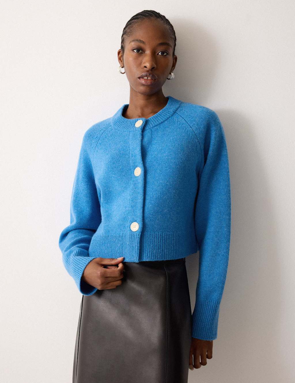 Jigsaw Pure Wool Crew Neck Cropped Cardigan Blue