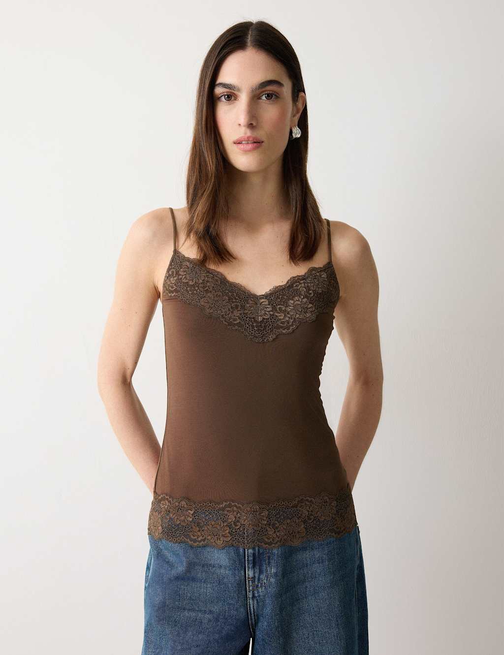 Jigsaw Women's Modal Rich V-Neck Lace Vest - Medium - Brown - Available at M&S