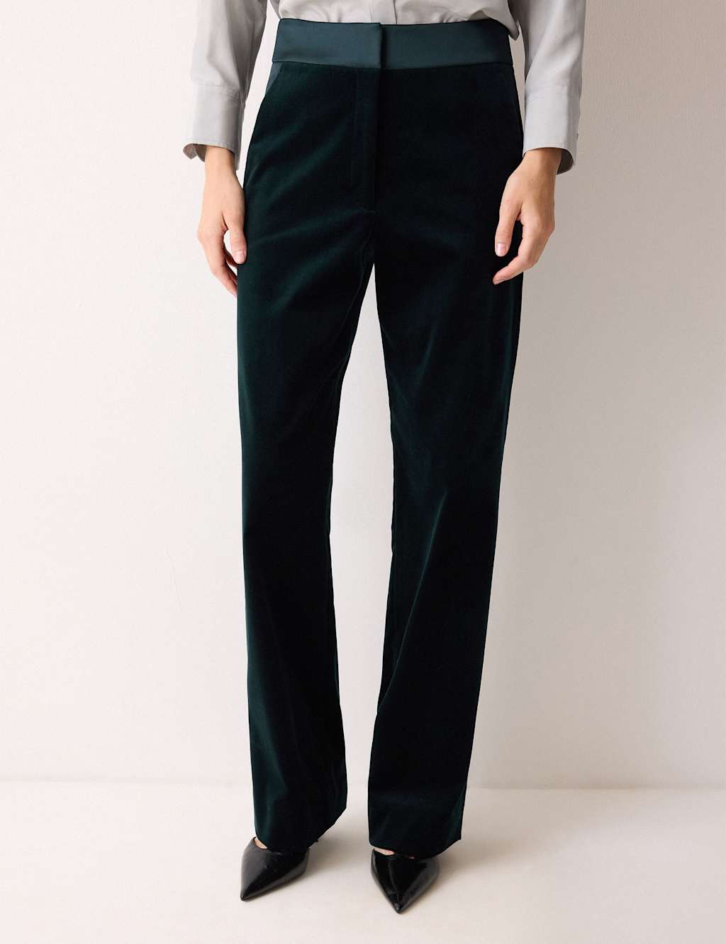 Jigsaw Velvet Satin Trim Straight Leg Trousers Green