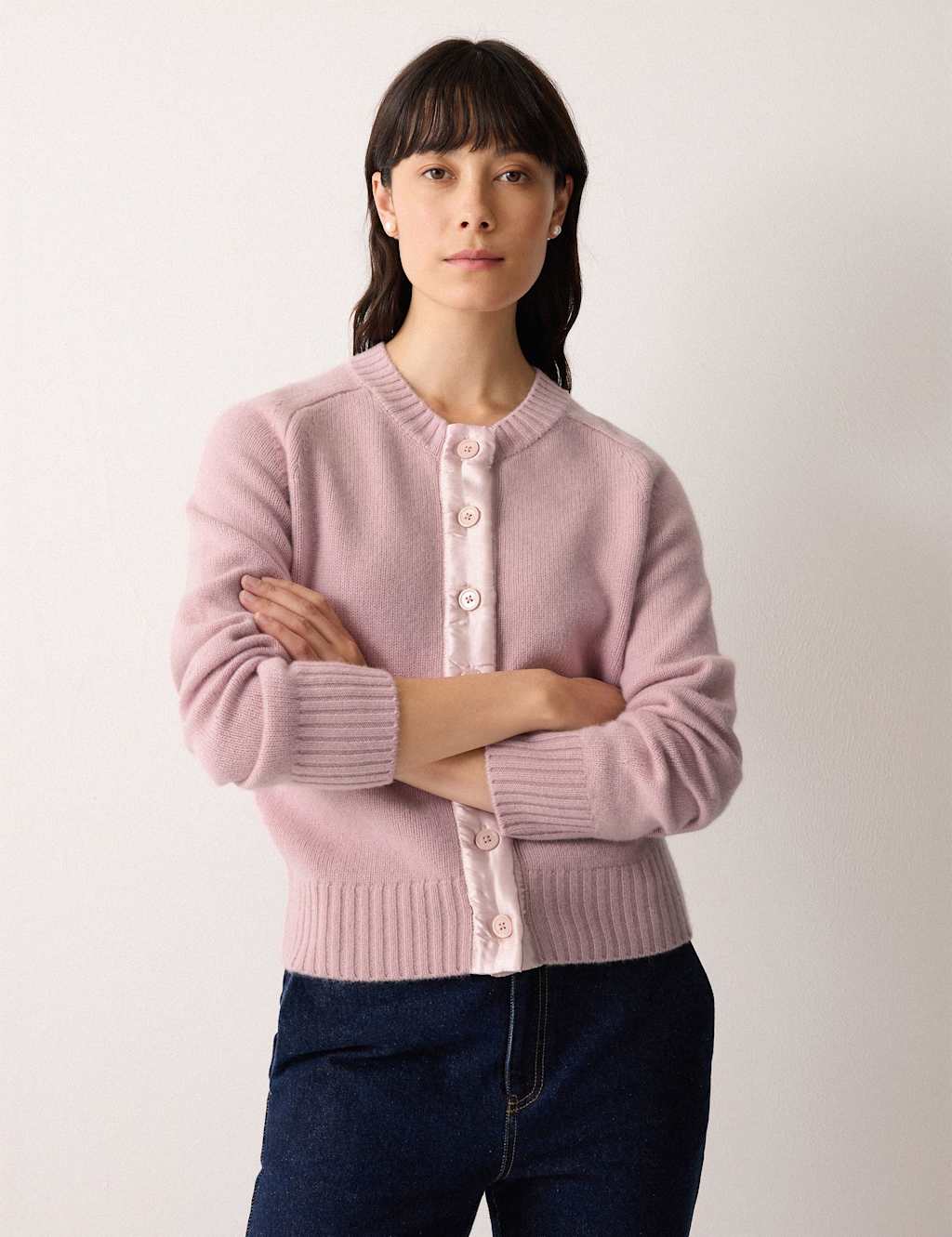Jigsaw Wool Rich Crew Neck Satin Trim Cardigan Pink