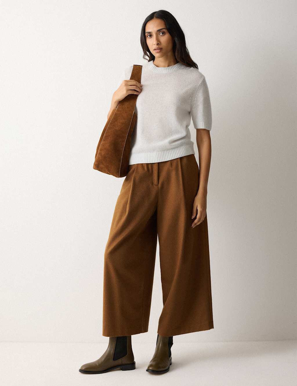 Jigsaw Wool Rich High Waist Wide Leg Trousers Brown