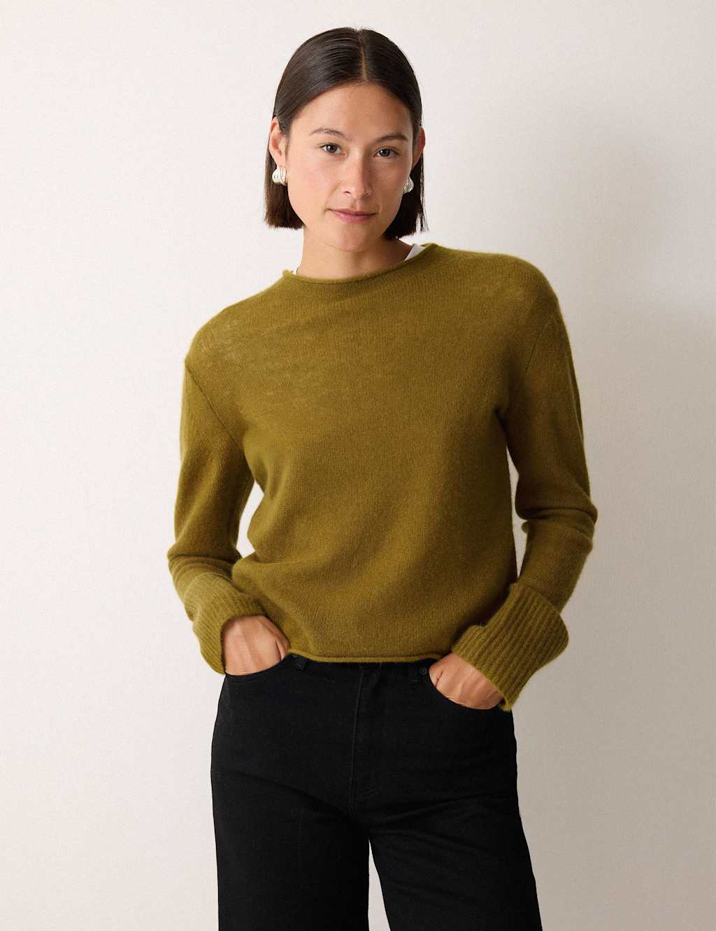 Jigsaw Pure Cashmere Round Neck Fluted Cuff Jumper Green