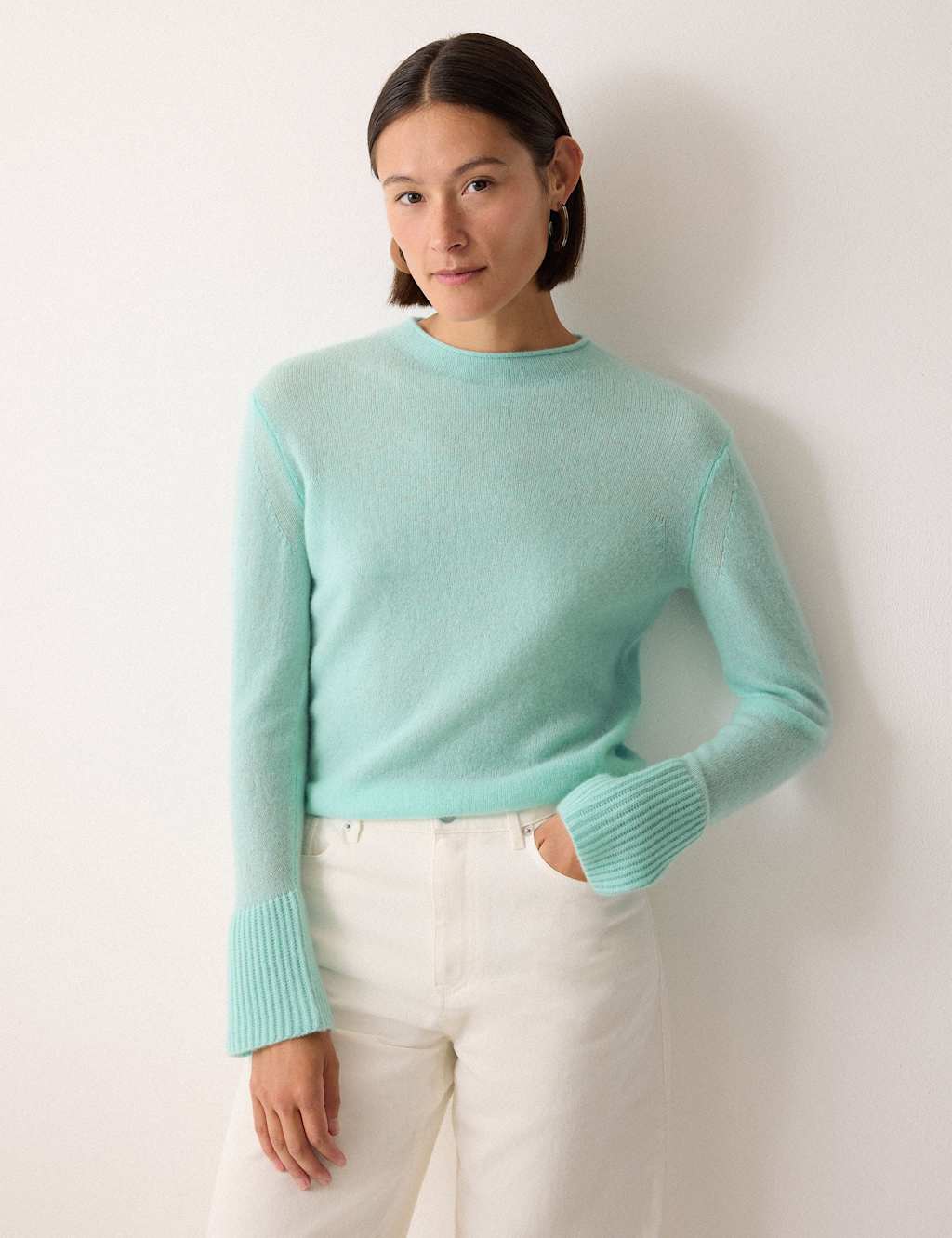 Jigsaw Pure Cashmere Round Neck Fluted Cuff Jumper Aqua
