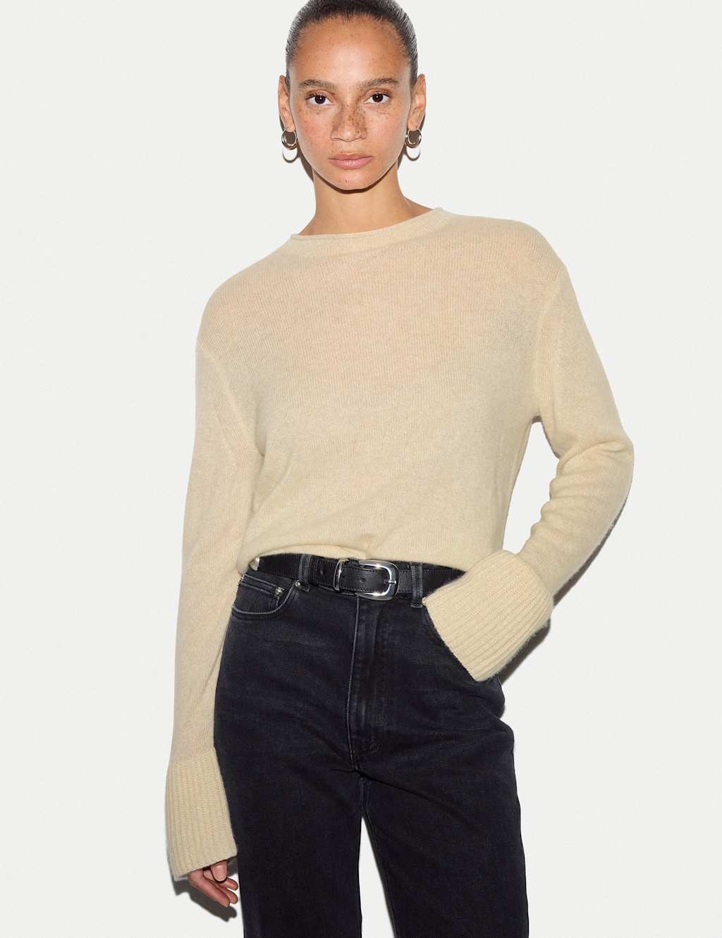 Jigsaw Women's Pure Cashmere Round Neck Fluted Cuff Jumper - Small - Cream - Available at M&S