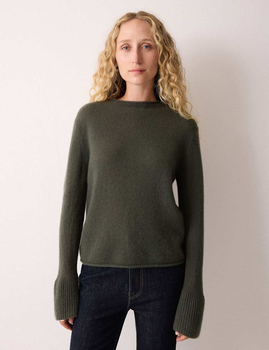 Jigsaw Pure Cashmere Round Neck Fluted Cuff Jumper Khaki
