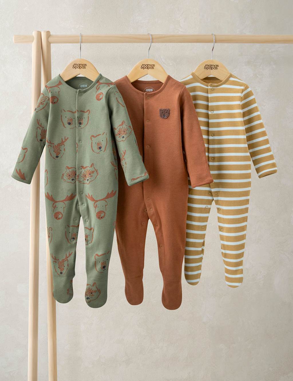 Mamas & Papas 3pk Pure Cotton Animal & Stripe Sleepsuits (0-24 Mths) Multi