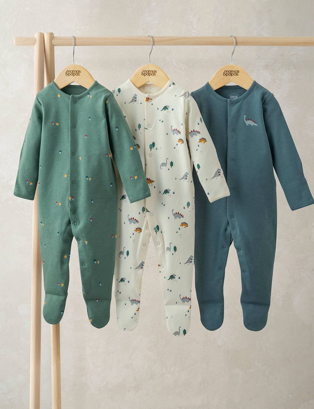 Mamas & Papas 3pk Pure Cotton Dinosaur Sleepsuits (0-24 Mths) Multi