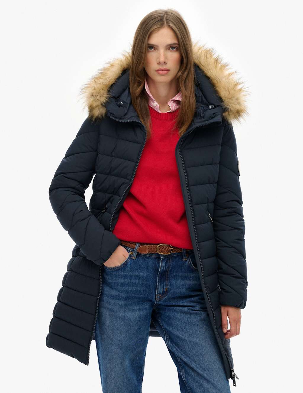 Superdry & Co Hooded Funnel Neck Longline Puffer Jacket Navy