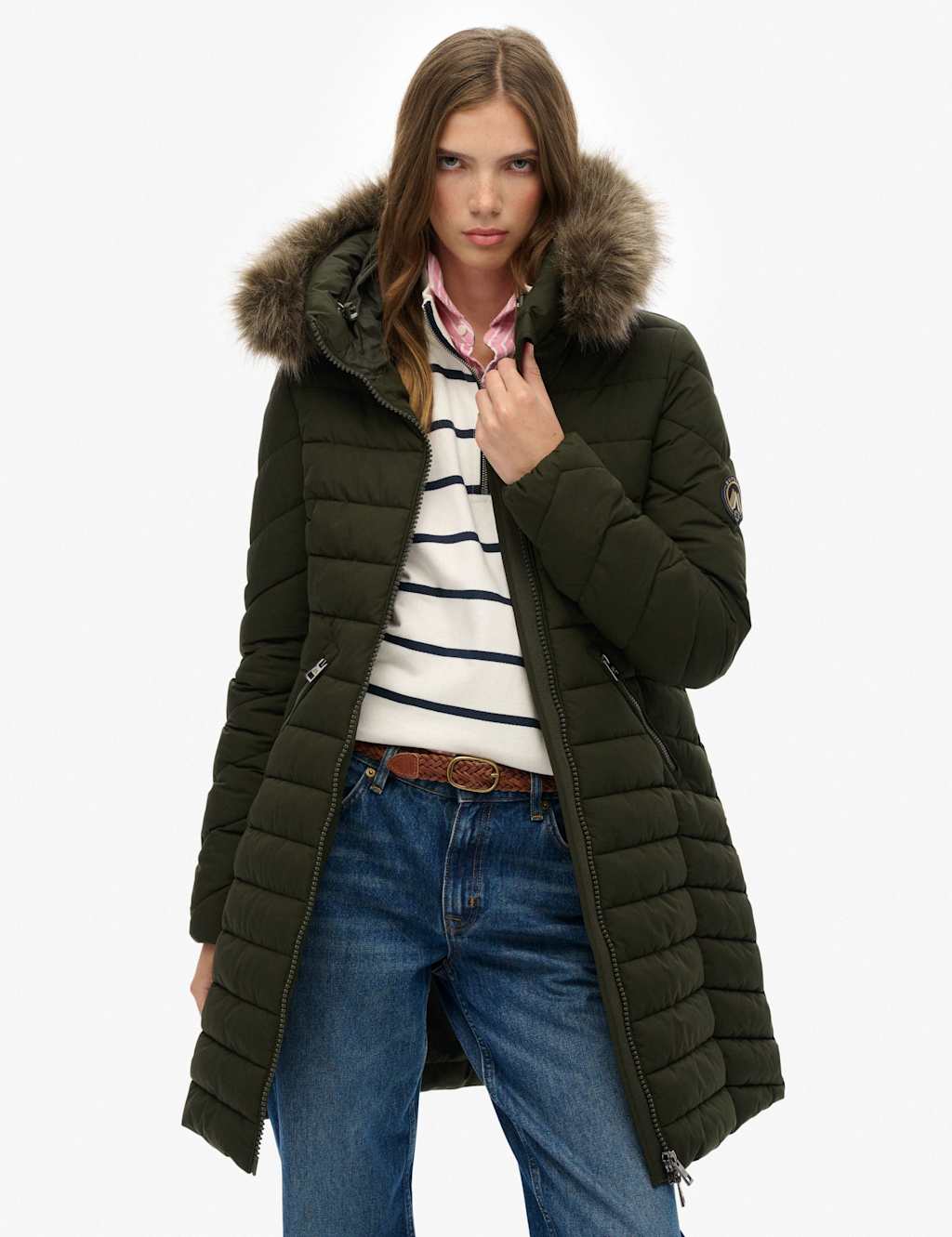 Superdry & Co Hooded Funnel Neck Longline Puffer Jacket Green