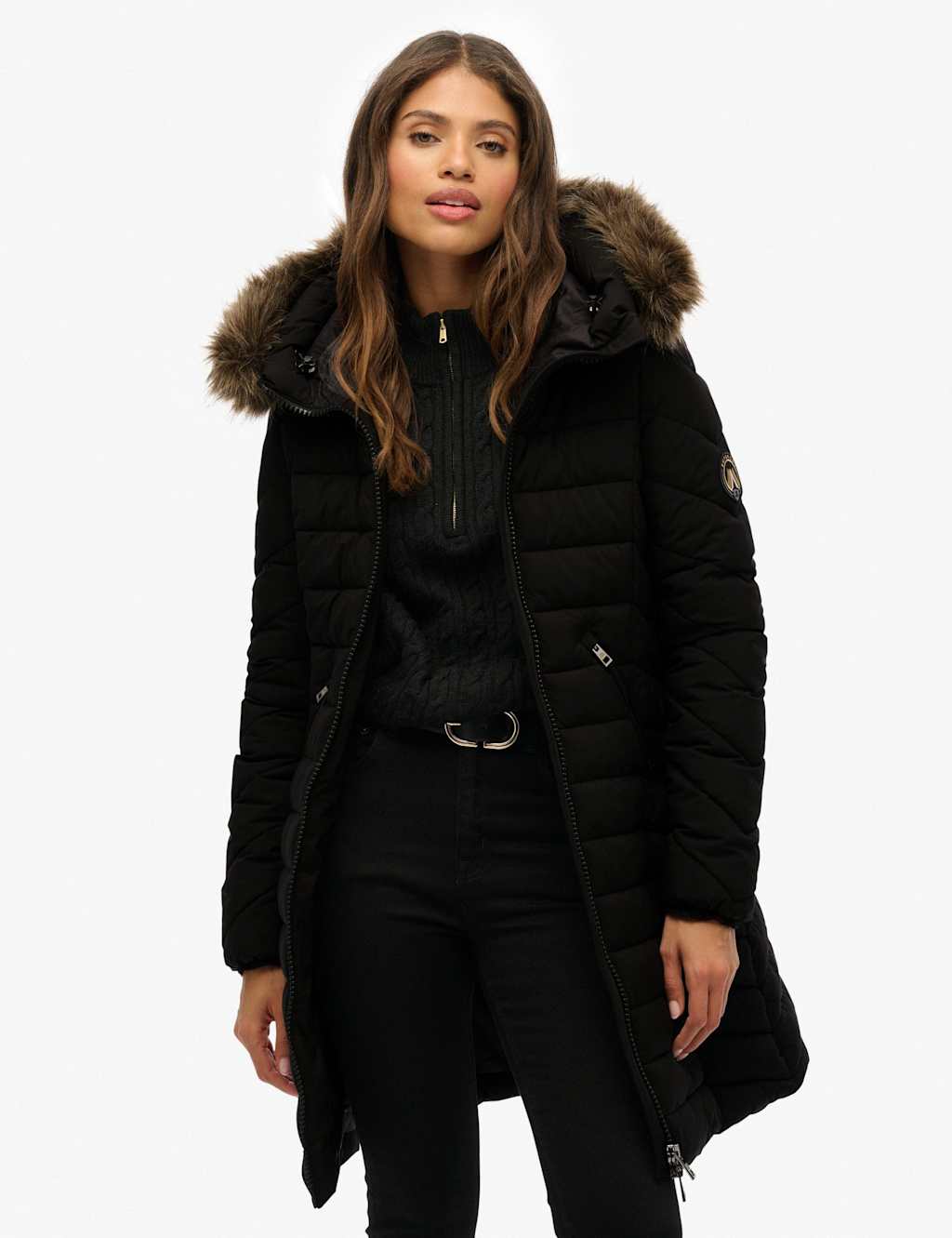 Superdry & Co Hooded Funnel Neck Longline Puffer Jacket Black