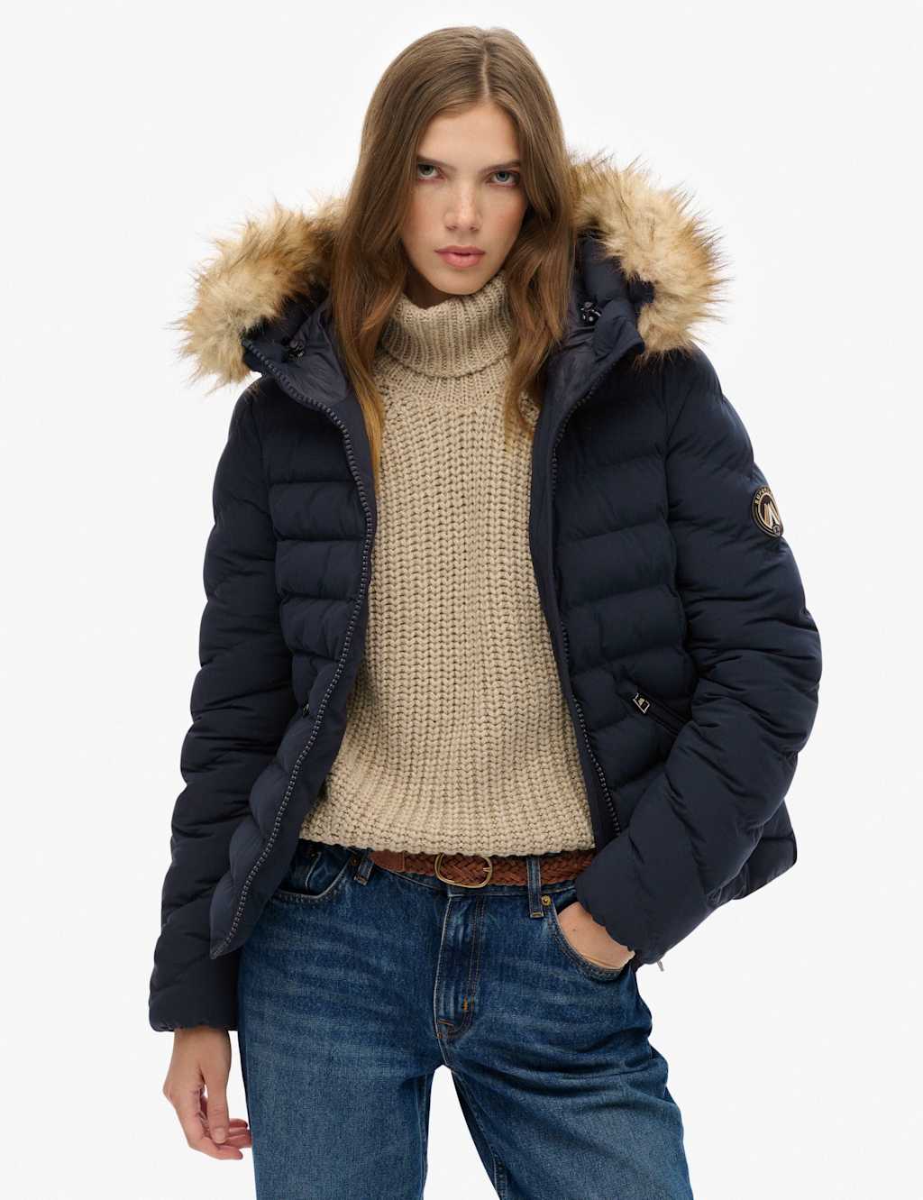 Superdry & Co Hooded Funnel Neck Puffer Jacket Navy