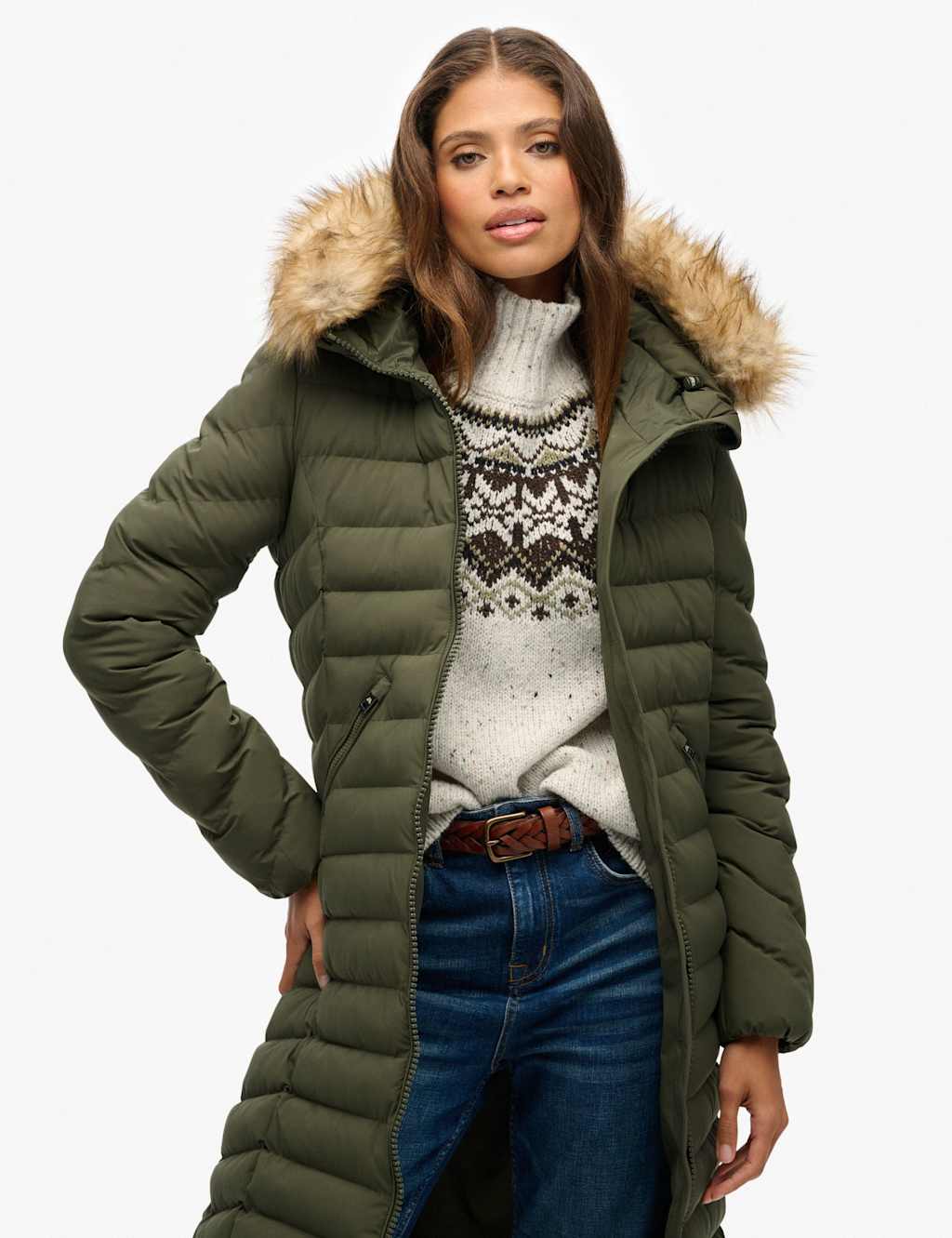 Superdry & Co Hooded Funnel Neck Longline Puffer Jacket Green