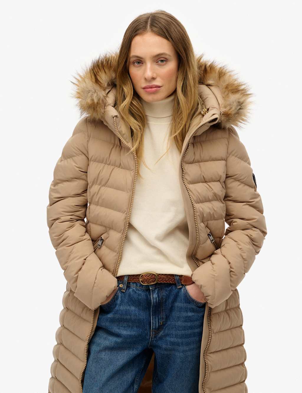 Superdry & Co Hooded Funnel Neck Longline Puffer Jacket Beige
