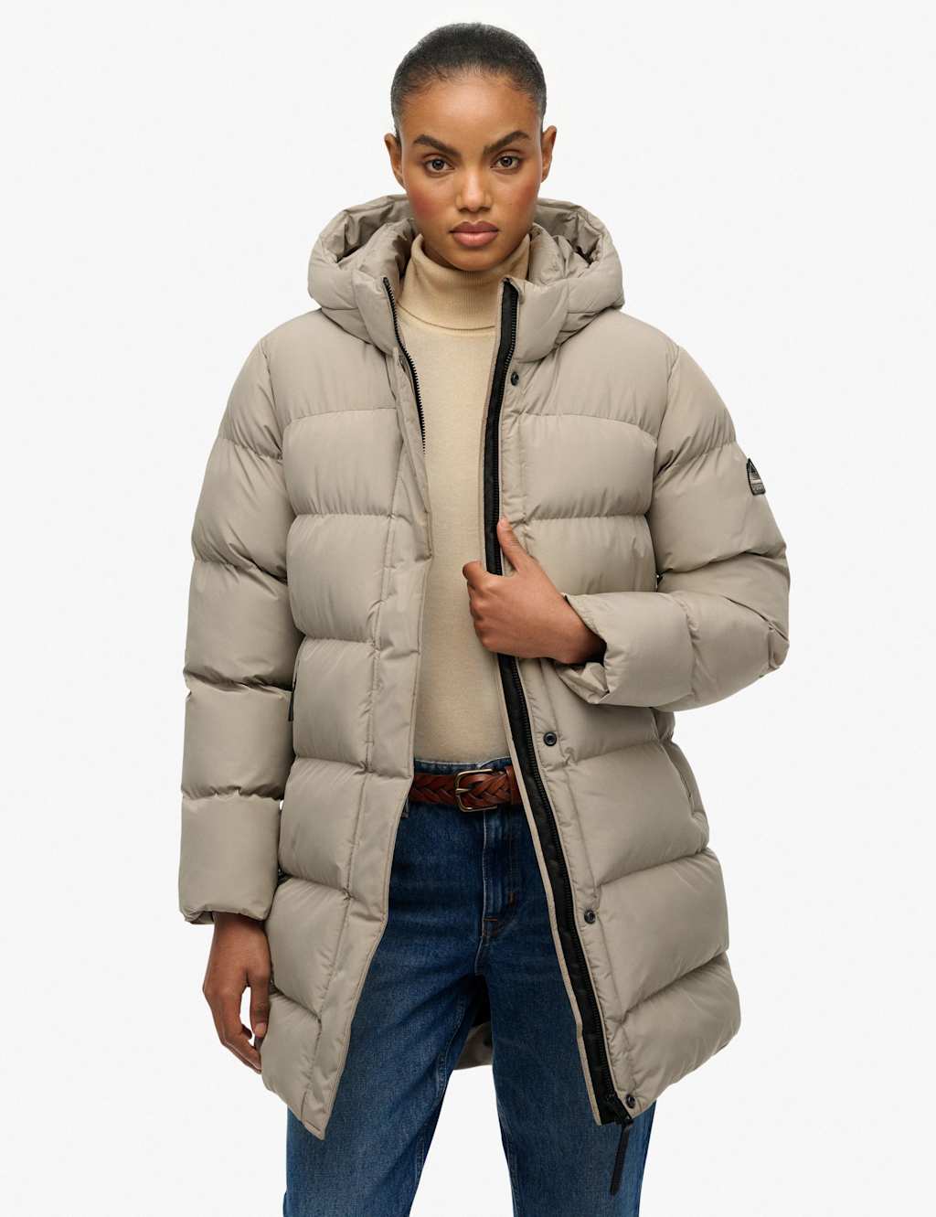 Superdry & Co Hooded Longline Puffer Jacket Beige