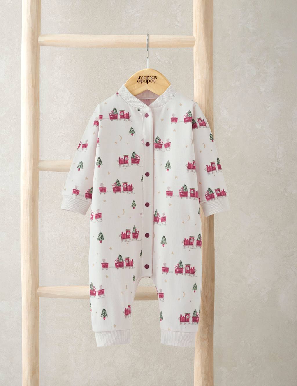 Mamas & Papas Pure Cotton Christmas Train Print Romper (0-18 Mths) Cream