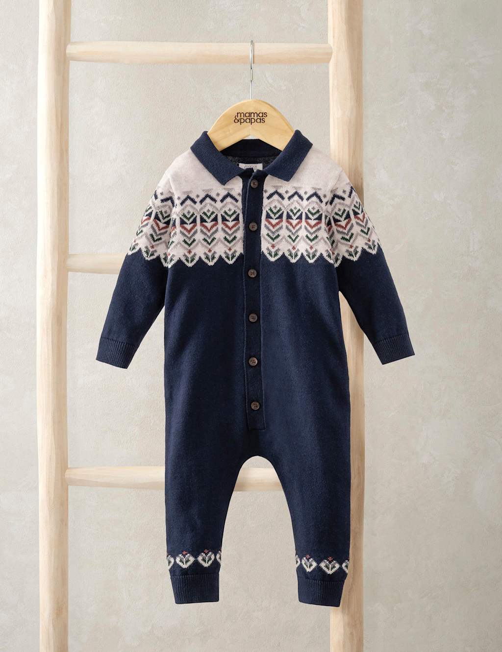 Mamas & Papas Pure Cotton Knitted Fair Isle Romper (0-18 Mths) Blue