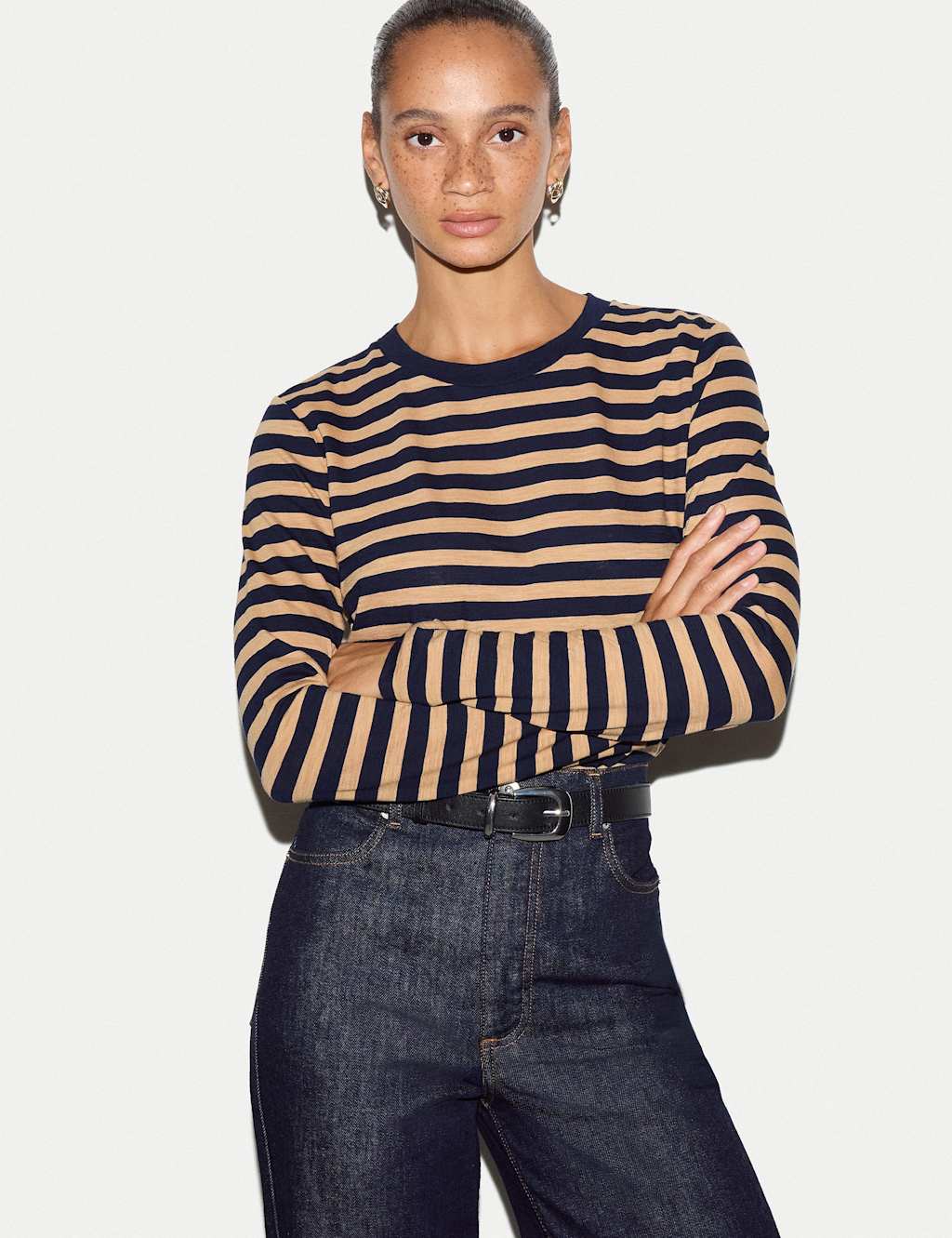 Jigsaw Women's Pure Cotton Slub Striped Slim Fit Top - Medium - Camel Mix - Available at M&S