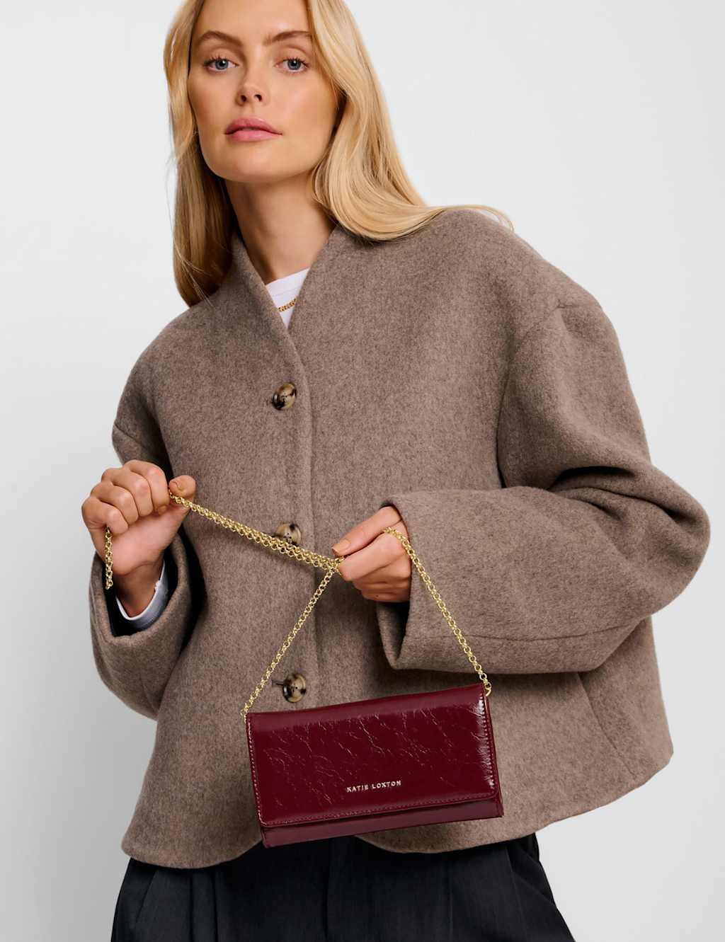 Katie Loxton Faux Leather Chain Strap Cross Body Purse Cherry Red