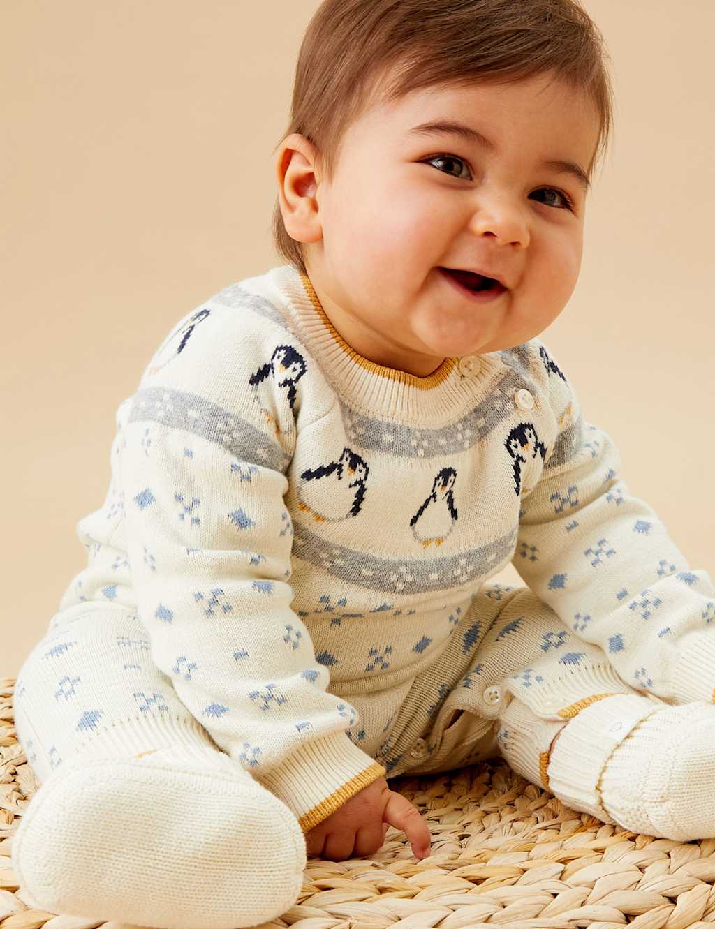 MORI Penguin Fair Isle Knitted Romper (0-18 Mths) Cream Mix