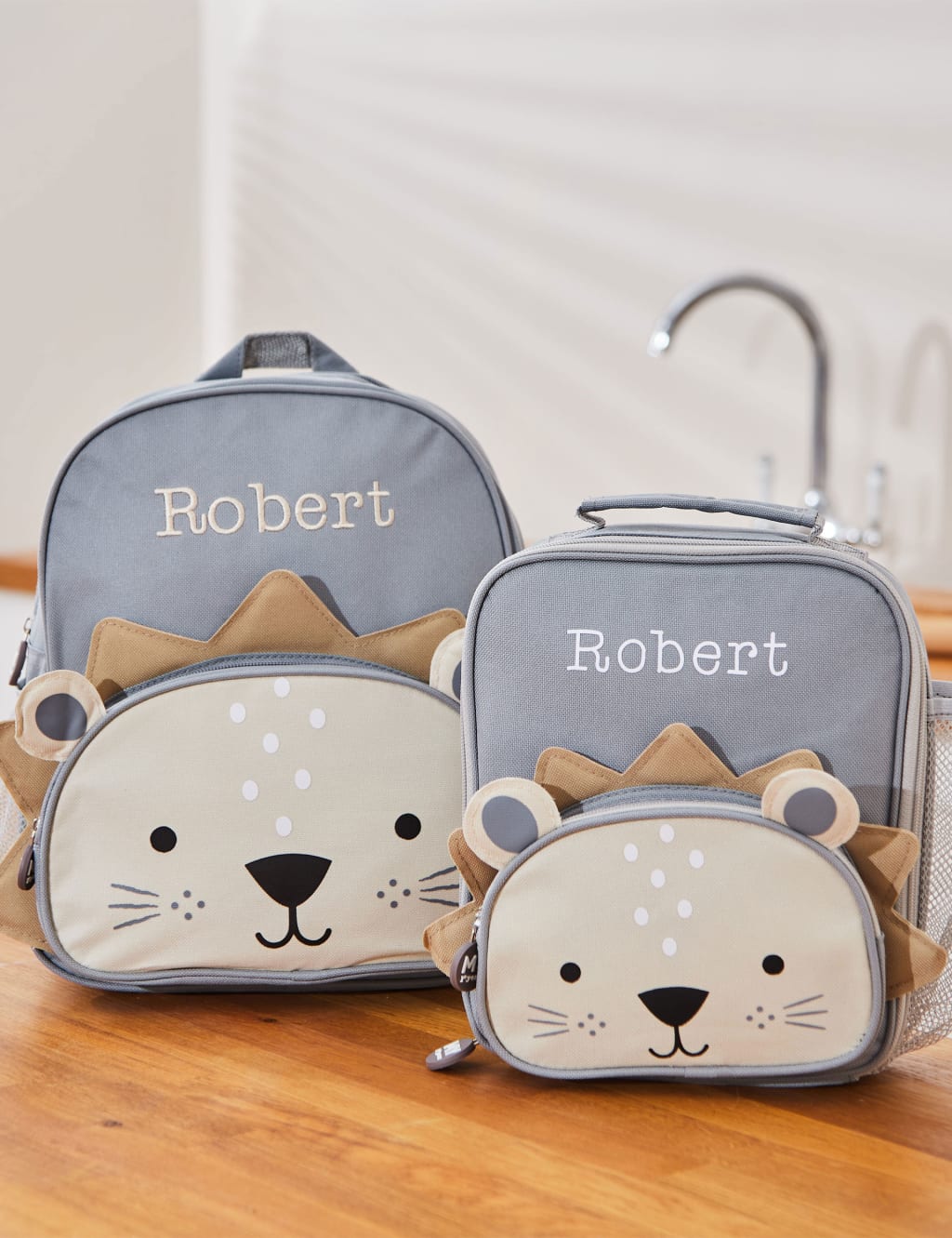 My 1st Years Personalised Lion Character Backpack and Lunchbag Set Grey