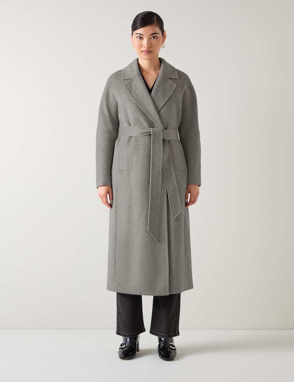 LK BENNETT Pure Wool Belted Relaxed Maxi Wrap Coat Grey