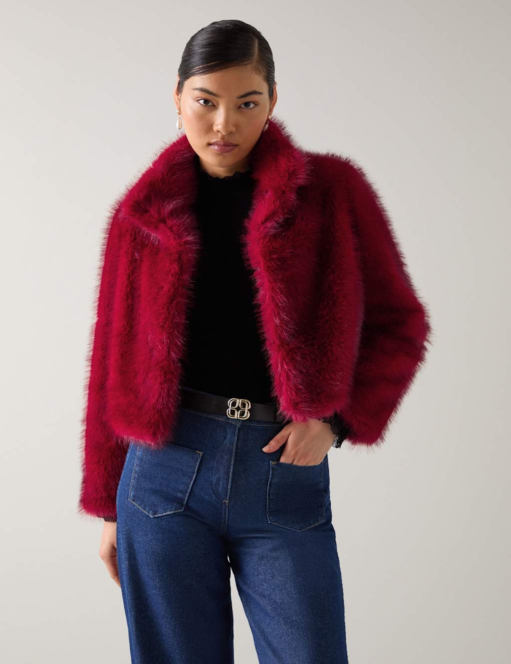 LK BENNETT Faux Fur Funnel Neck Cropped Jacket Red