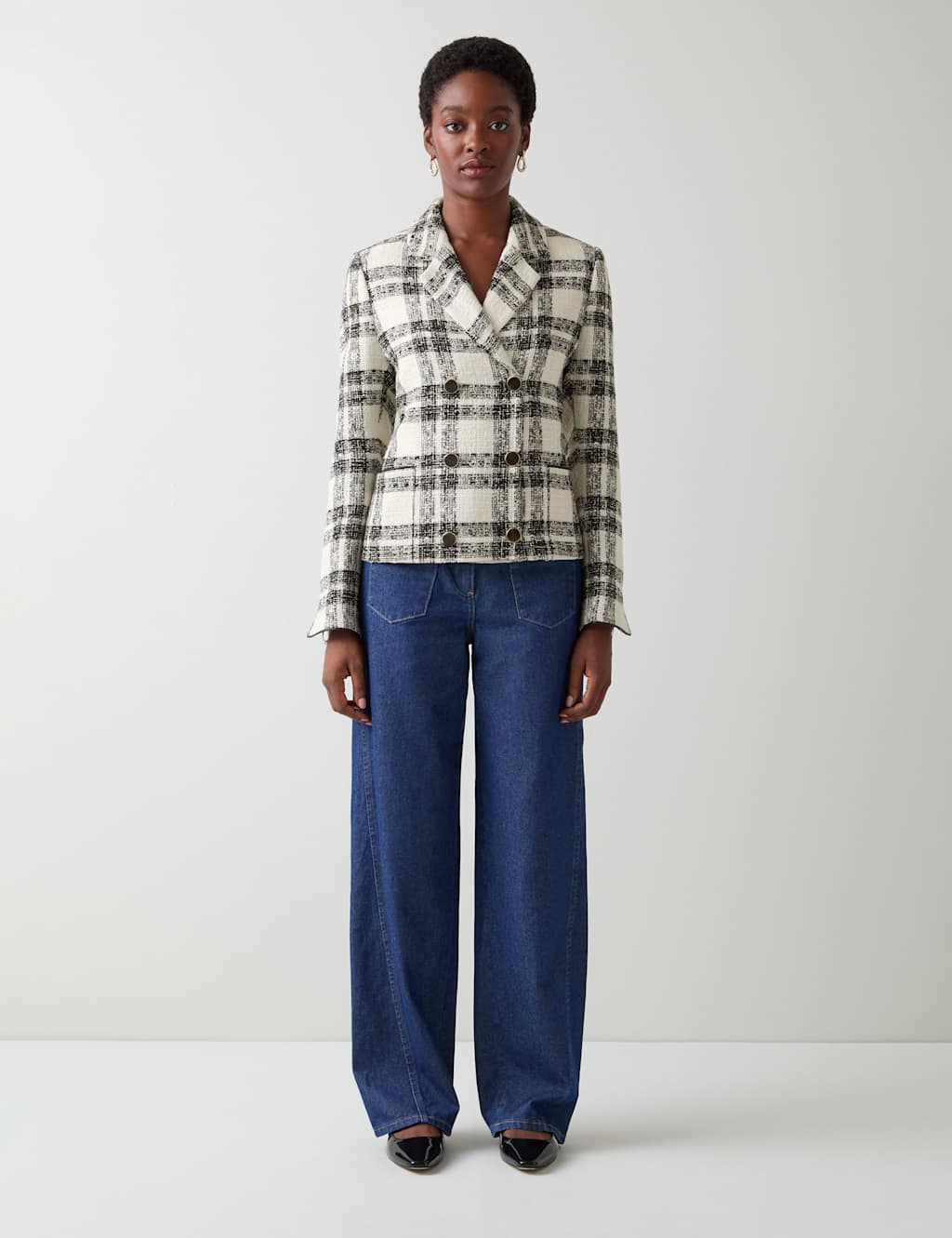 LK BENNETT Checked Cropped Tailored Coat with Cotton Multi