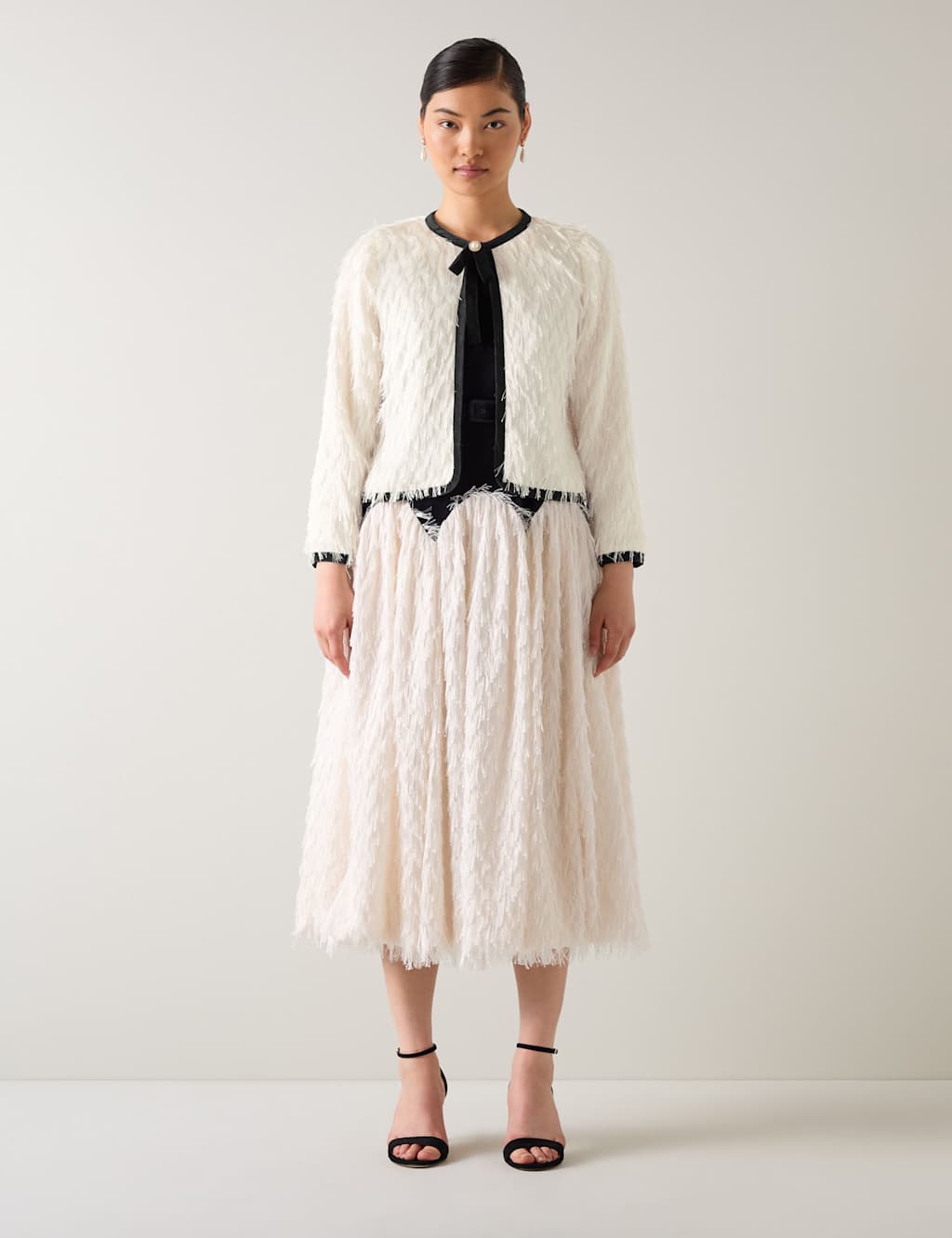 LK BENNETT Velvet Trim Fringed Collarless Jacket Multi