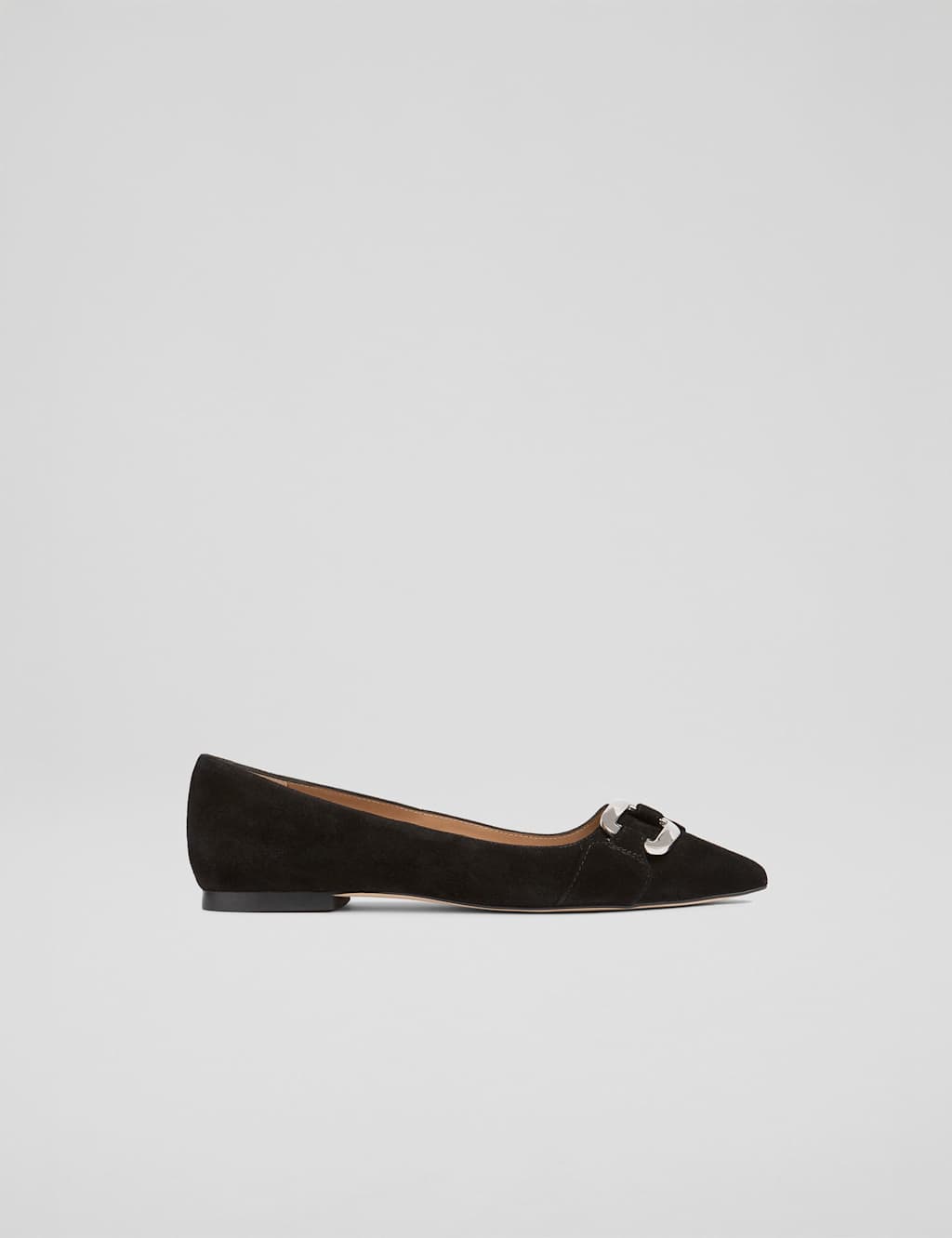 LK BENNETT Suede Buckle Flat Pointed Ballet Pumps Black