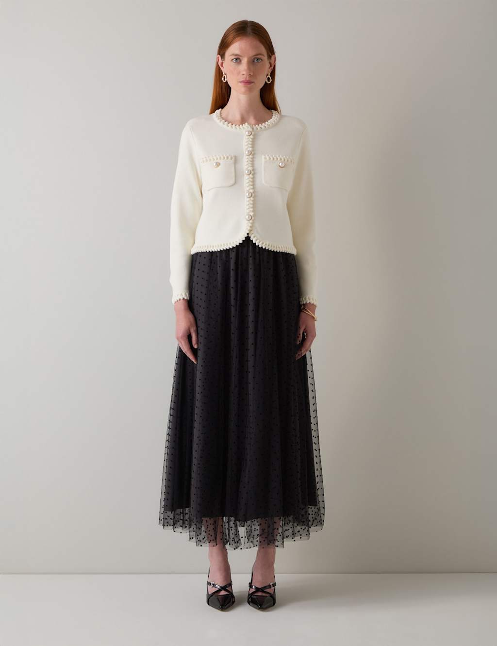 LK BENNETT Mesh Polka Dot Midi Skirt Black Mix