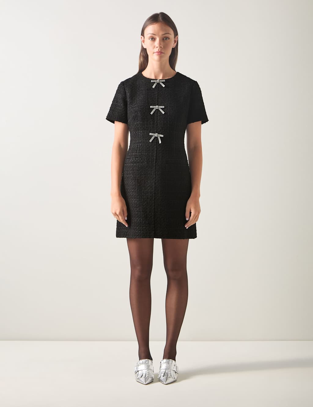 LK BENNETT Cotton Blend Tweed Bow Detail Fitted Mini Dress Black Mix