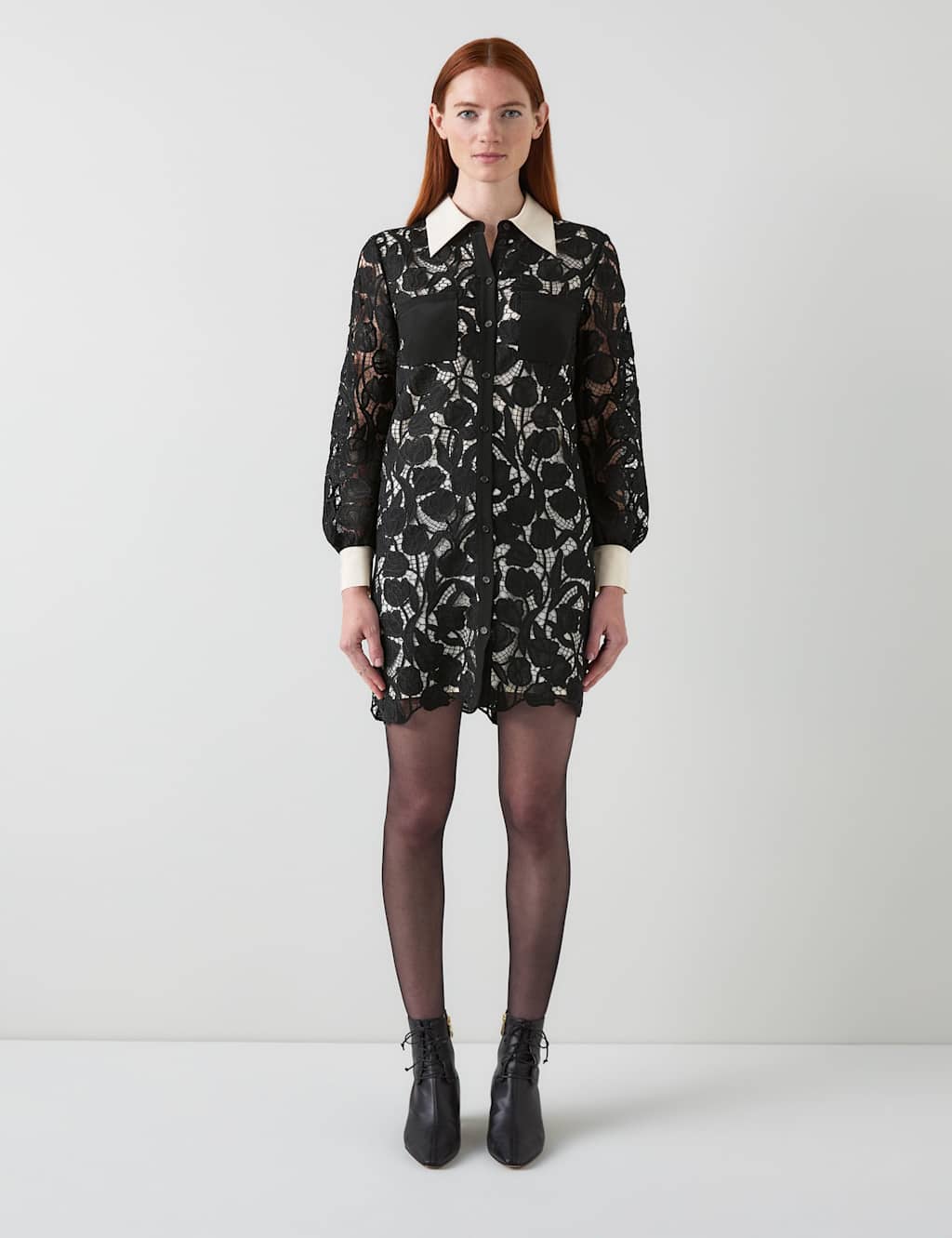 LK BENNETT Floral Embroidery Mini Shirt Dress Black Mix