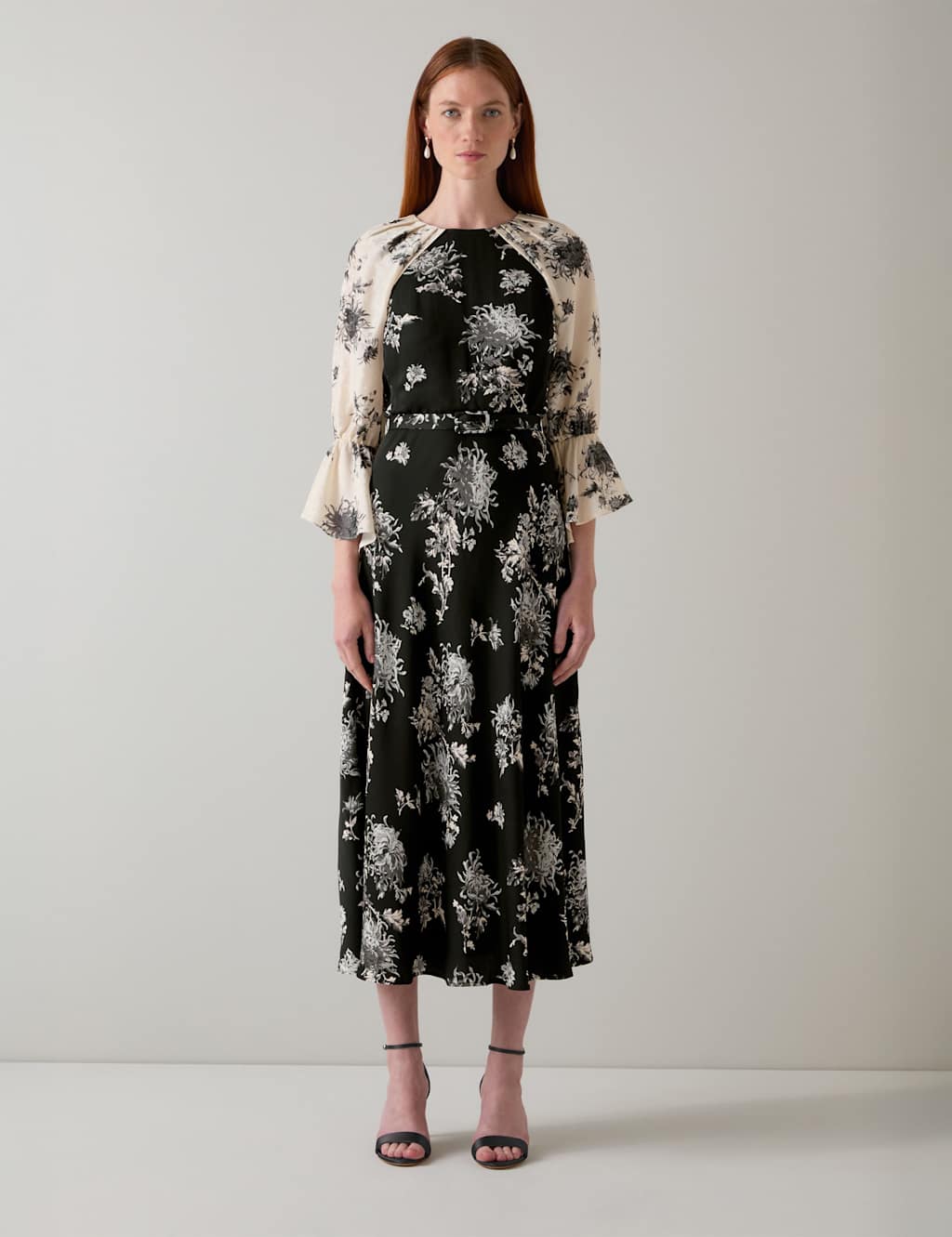 LK BENNETT Floral Contrast Sleeve Midi Dress Multi