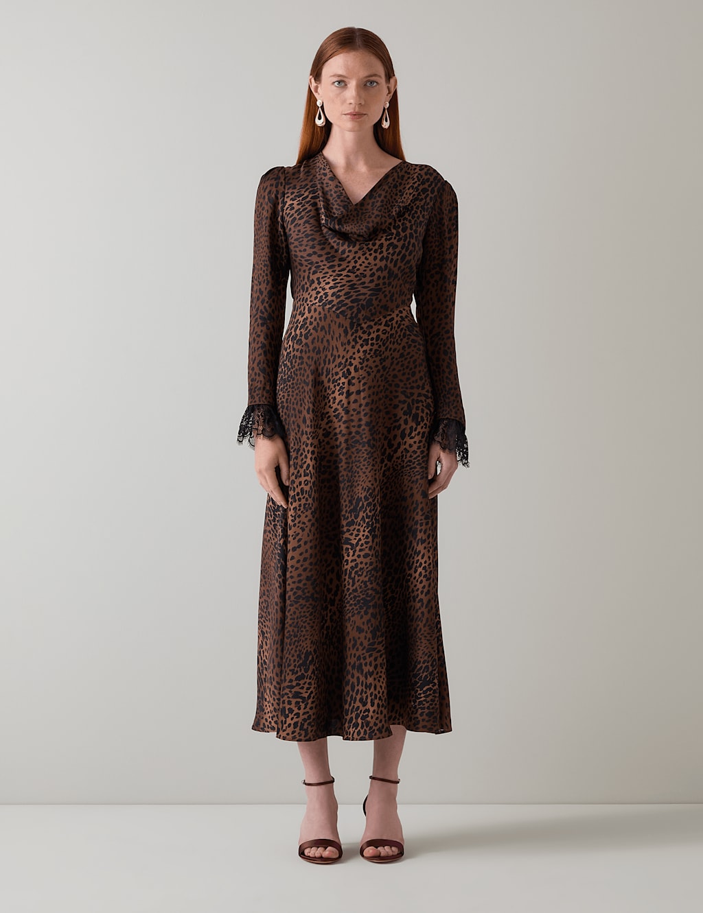 LK BENNETT Crepe Leopard Print Midi Skater Dress Natural Mix