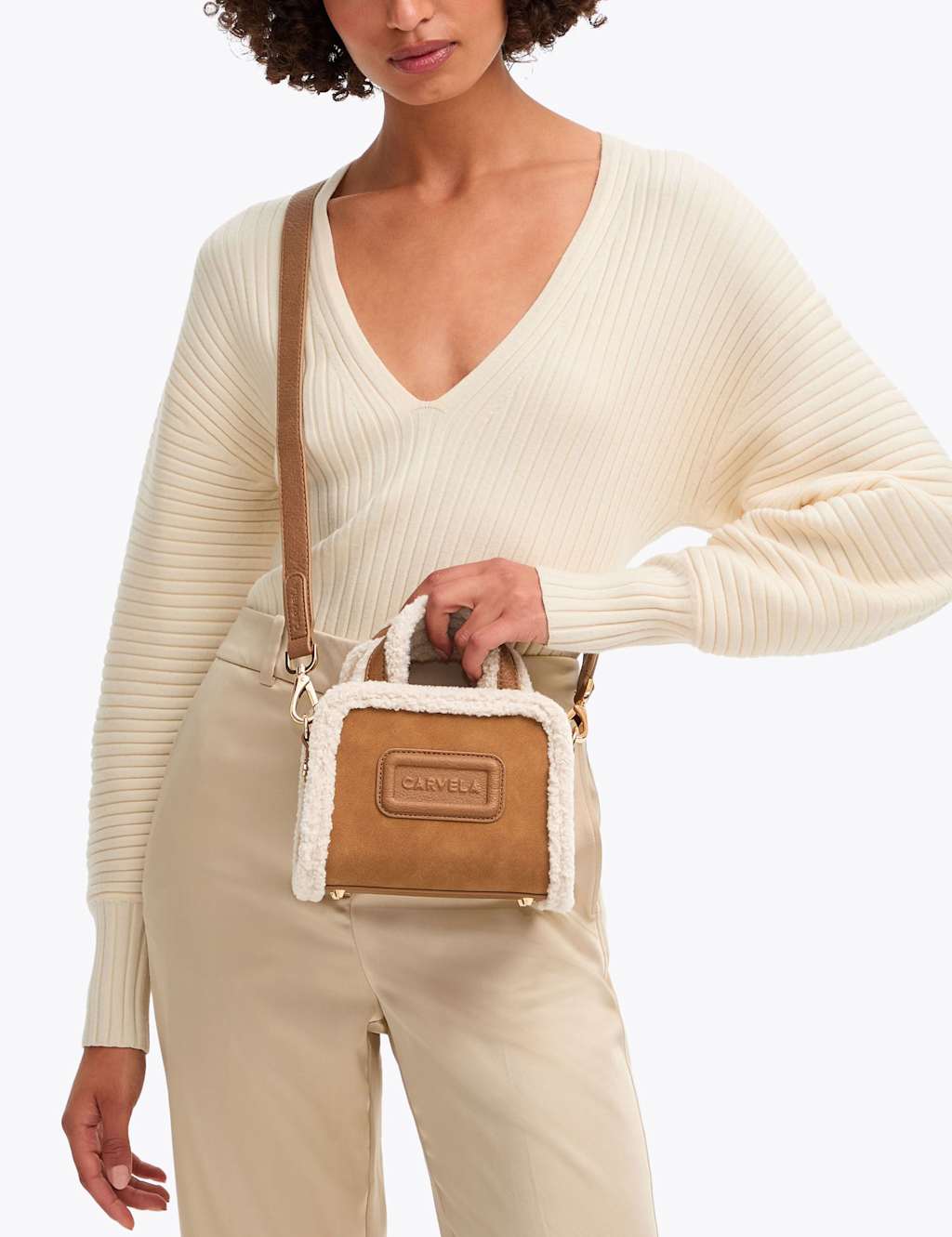 Carvela Suede Borg Mini Tote Bag Camel