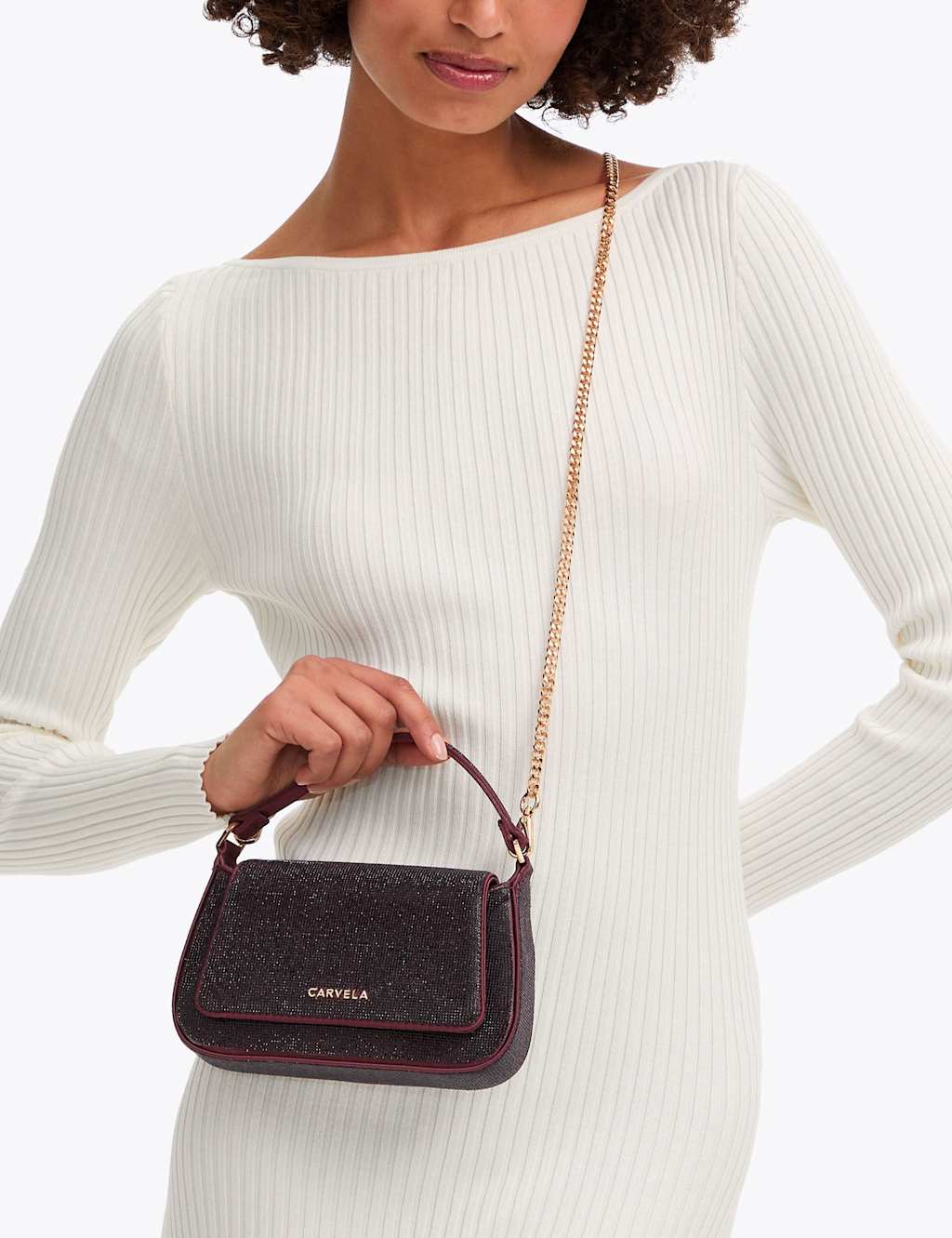 Carvela Sparkly Chain Strap Top Handle Mini Tote Bag Red Mix