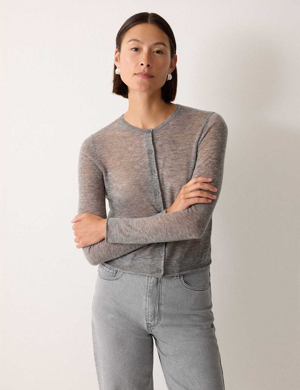Jigsaw Pure Wool Crew Neck Cardigan Grey