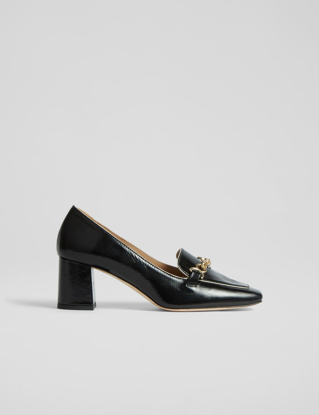 Leather Chain Detail Block Heel Court Shoes