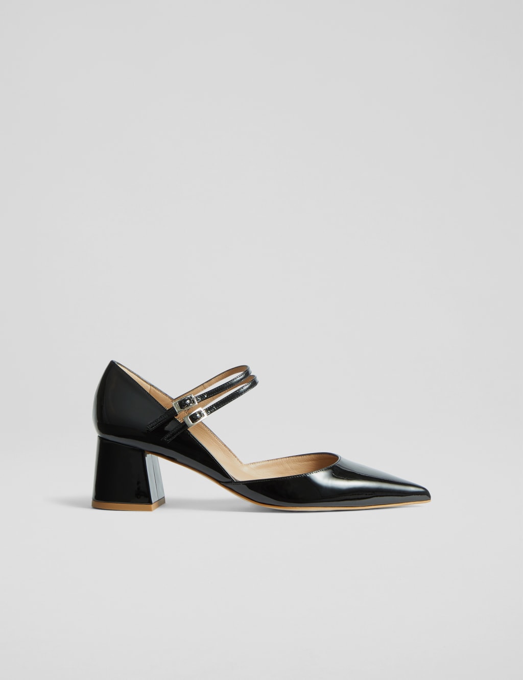 Leather Patent Block Heel Court Shoes
