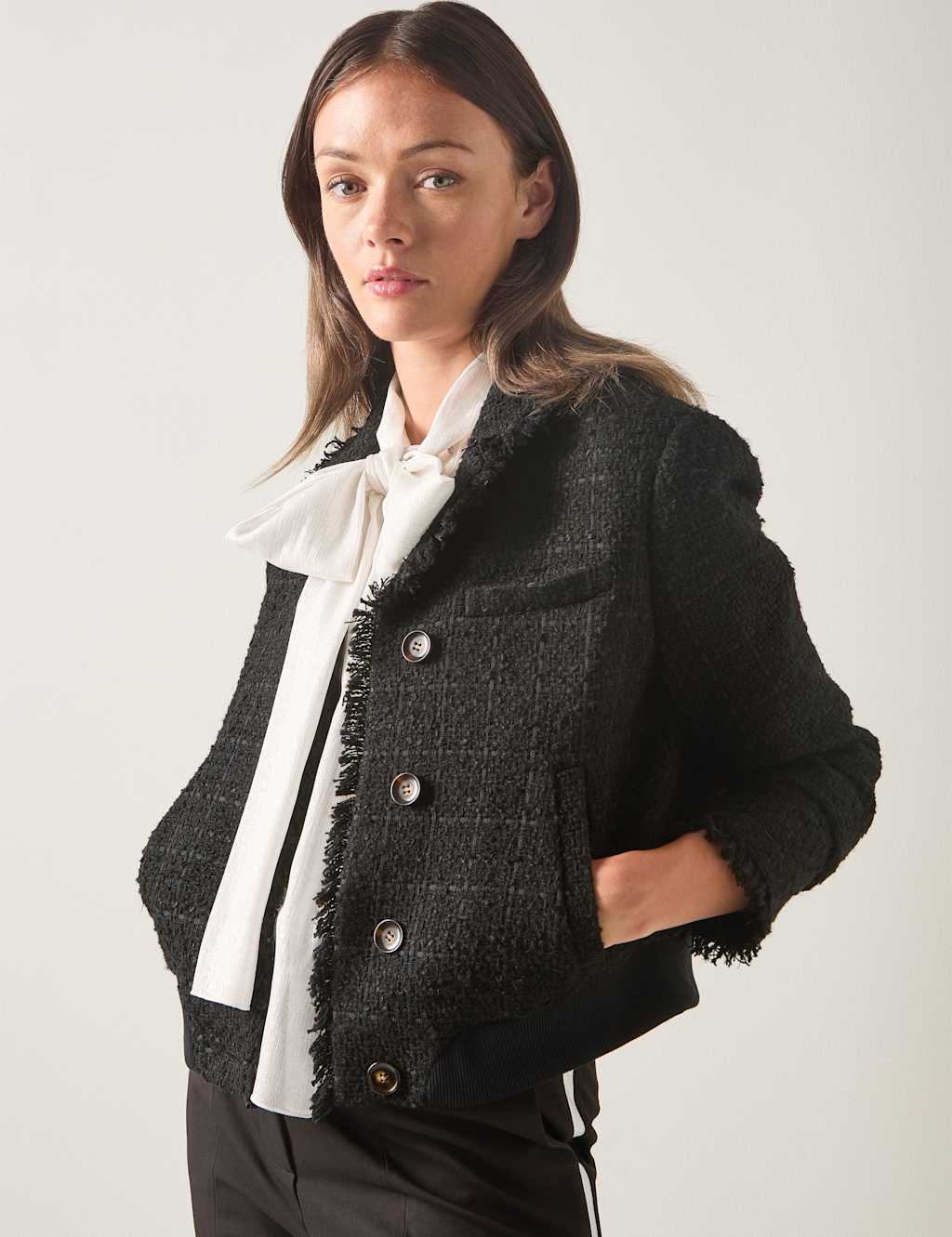 LK BENNETT Cotton Blend Tweed Checked Cropped Bomber Jacket Black Mix
