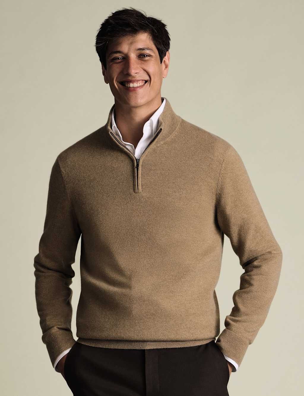 Charles Tyrwhitt Pure Cashmere Half Zip Jumper Tan