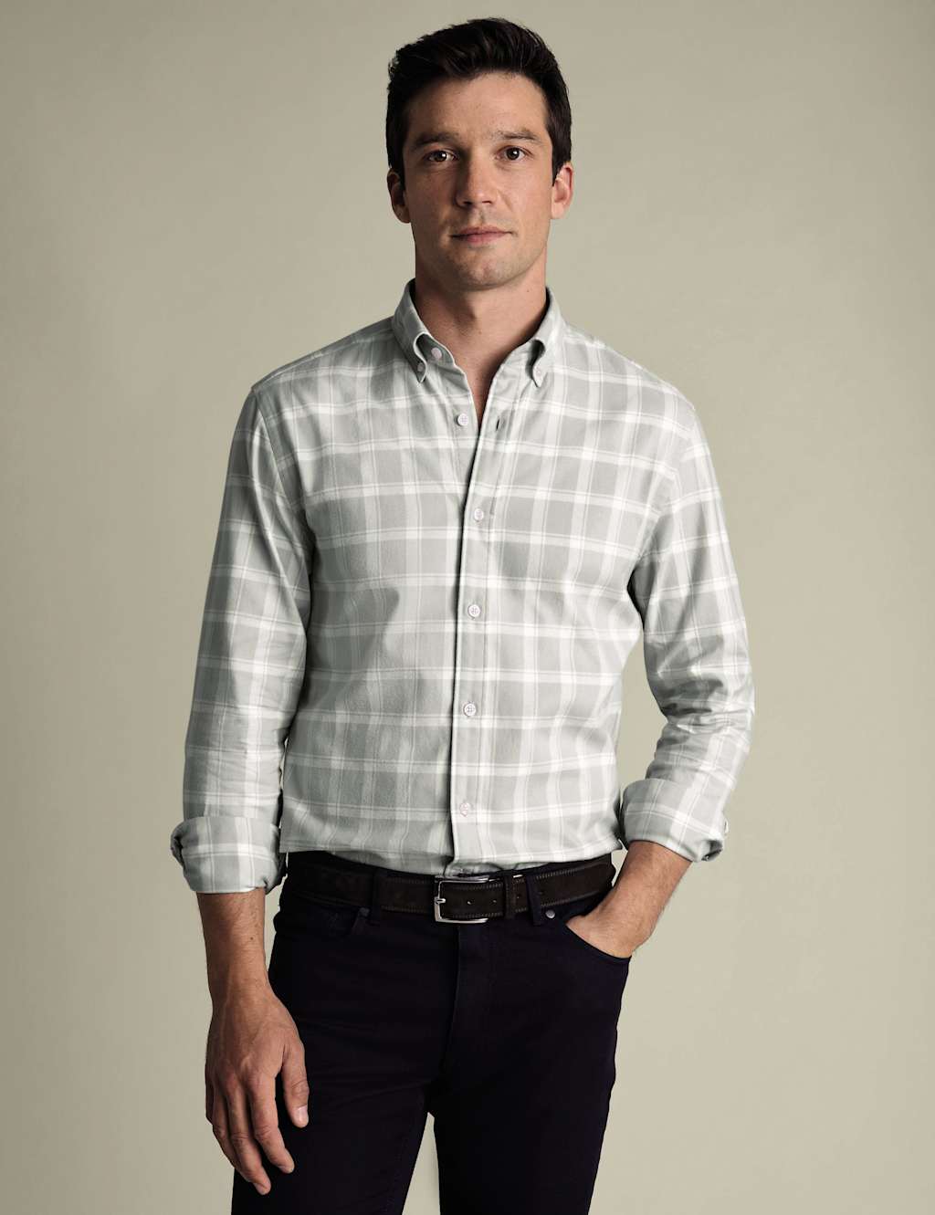 Charles Tyrwhitt Regular Fit Brushed Flannel Checked Shirt Grey