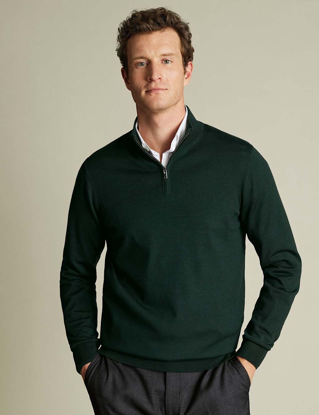 Charles Tyrwhitt Pure Merino Wool Half Zip Jumper Dark Green