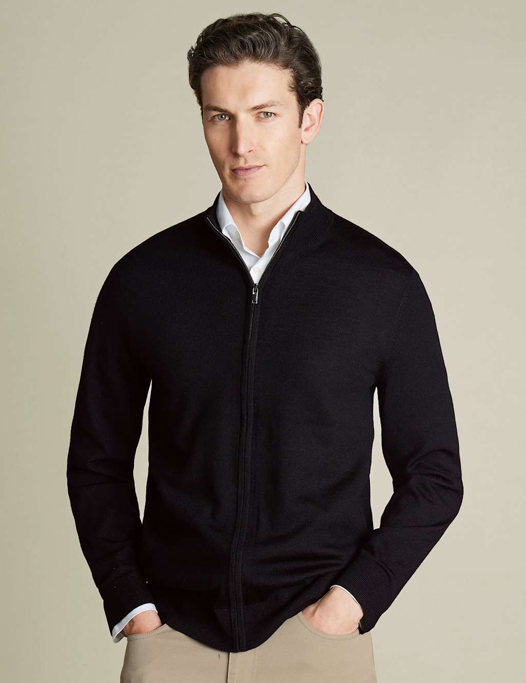 Charles Tyrwhitt Pure Merino Wool Funnel Neck Cardigan Black