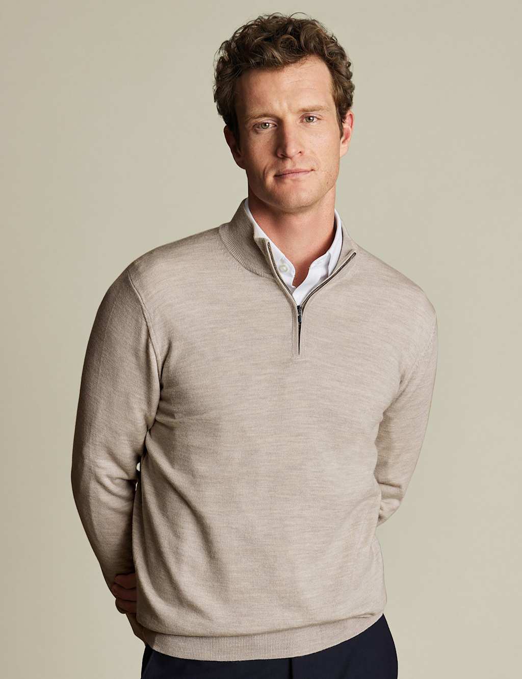 Charles Tyrwhitt Pure Merino Wool Half Zip Jumper Stone