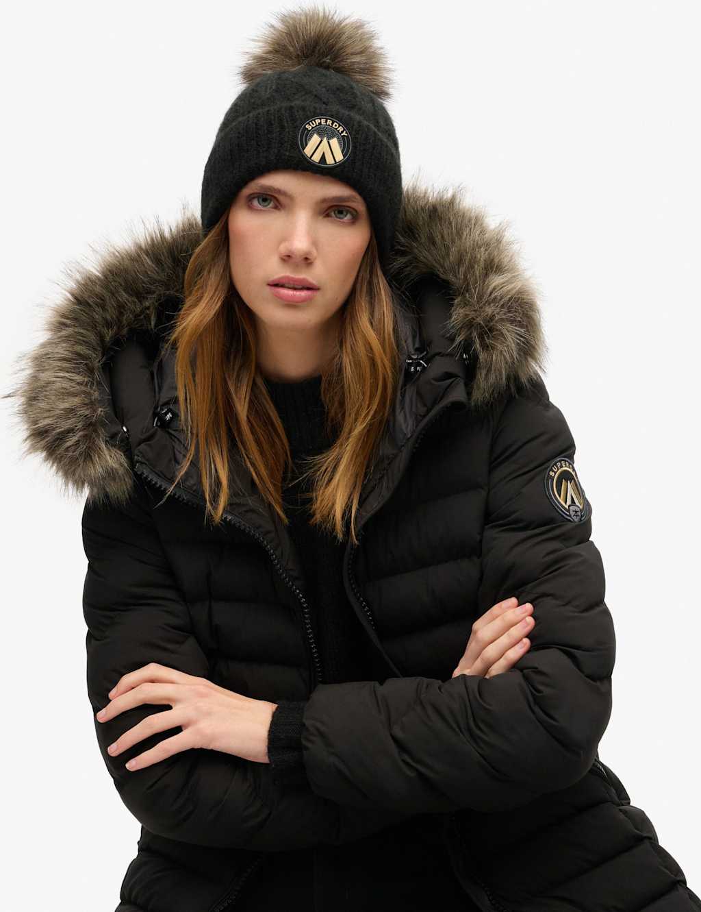 Superdry & Co Cable Faux Fur Pom Beanie Hat with Wool Black