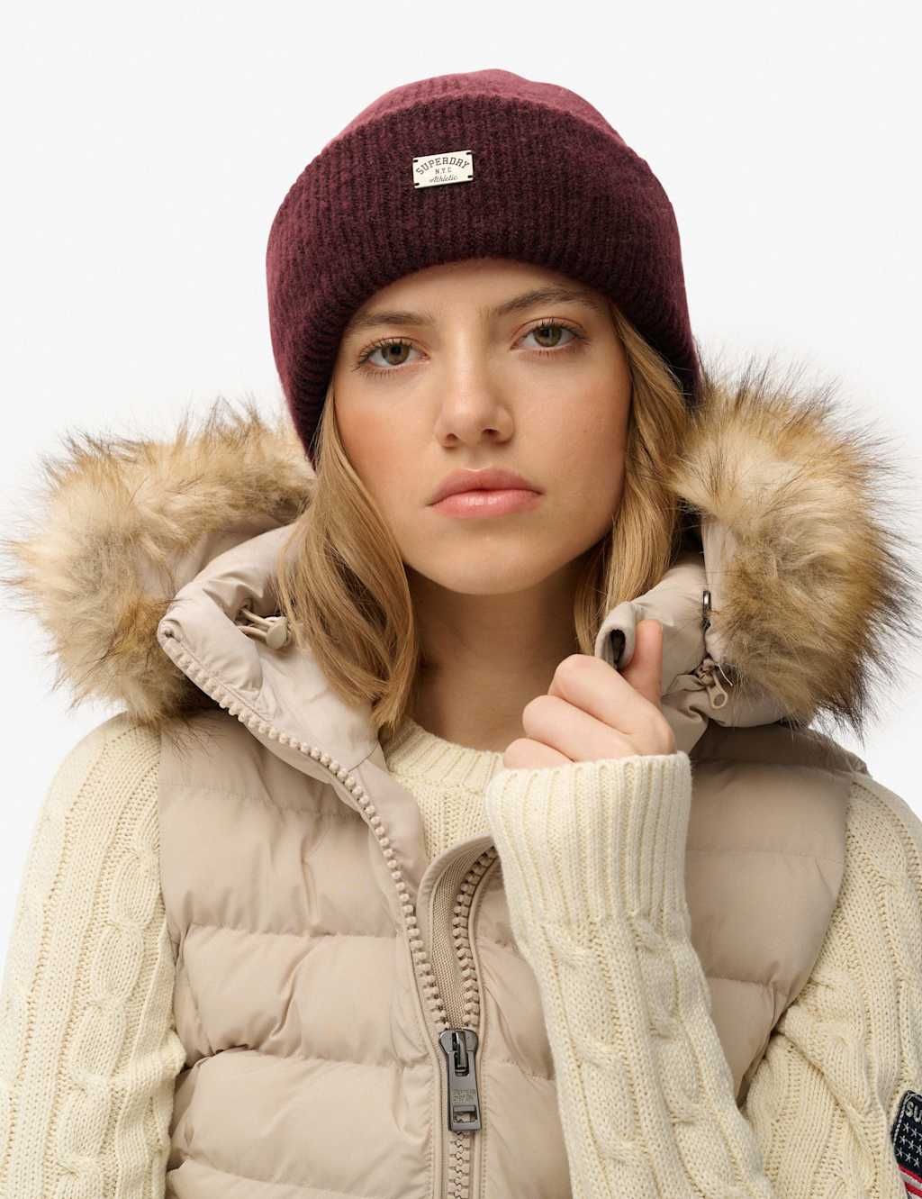 Superdry & Co Knitted Rib Beanie Hat with Wool Red